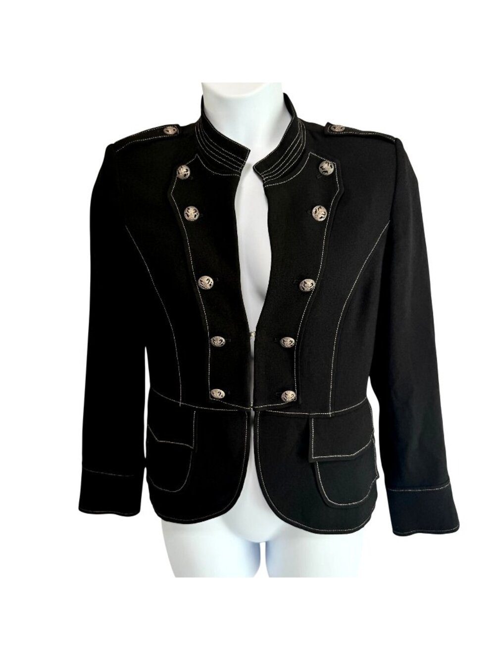 Vintage Black Military Blazer Size 12 Crest Buttons Contrast Stitch Made USA